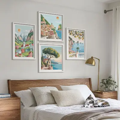 Mur de tableaux paysages marins et agrumes