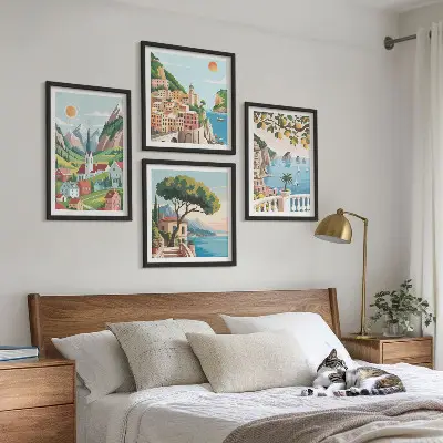 Mur de tableaux paysages marins et agrumes