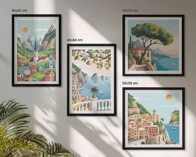 Mur de tableaux paysages marins et agrumes