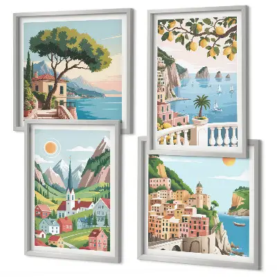 Mur de tableaux paysages marins et agrumes