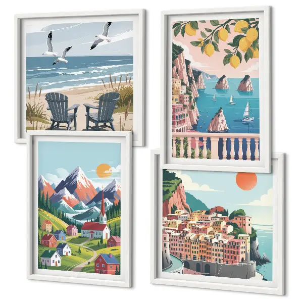 Ensemble de 4 tableaux représentant des montagnes colorées et des villes côtières