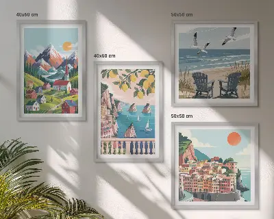 Ensemble de 4 tableaux représentant des montagnes colorées et des villes côtières