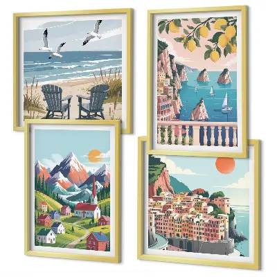 Ensemble de 4 tableaux représentant des montagnes colorées et des villes côtières
