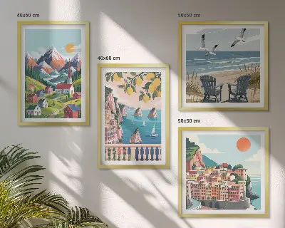 Ensemble de 4 tableaux représentant des montagnes colorées et des villes côtières