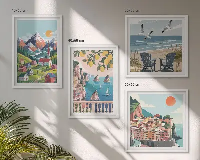 Ensemble de 4 tableaux représentant des montagnes colorées et des villes côtières