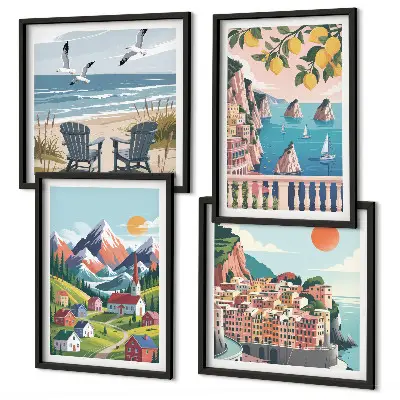Ensemble de 4 tableaux représentant des montagnes colorées et des villes côtières