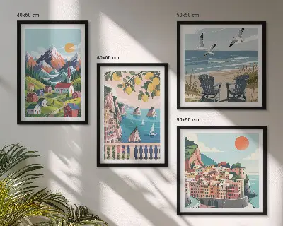 Ensemble de 4 tableaux représentant des montagnes colorées et des villes côtières