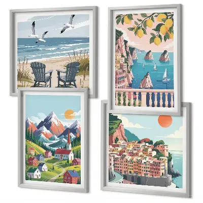 Ensemble de 4 tableaux représentant des montagnes colorées et des villes côtières
