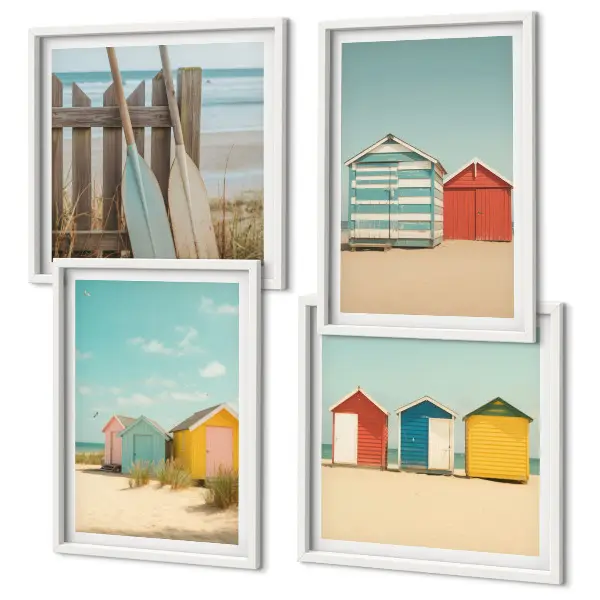 Mur de tableaux maisons colorées à la plage sous le soleil