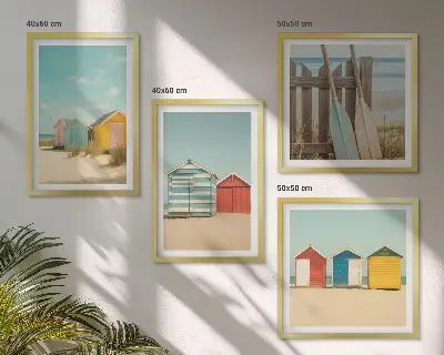 Mur de tableaux maisons colorées à la plage sous le soleil