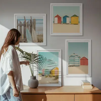 Mur de tableaux maisons colorées à la plage sous le soleil