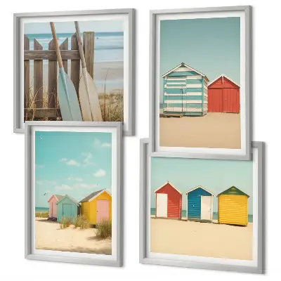Mur de tableaux maisons colorées à la plage sous le soleil