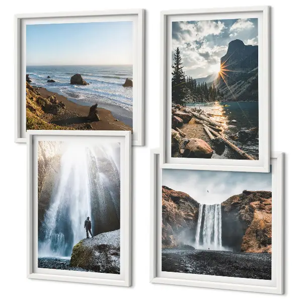Mur de tableaux représentant des cascades, montagnes, paysages et nature