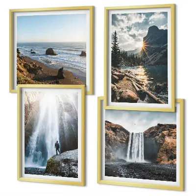 Mur de tableaux représentant des cascades, montagnes, paysages et nature