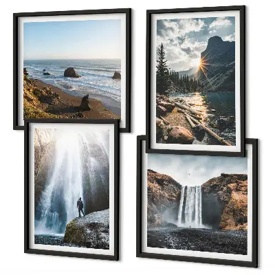 Mur de tableaux représentant des cascades, montagnes, paysages et nature