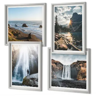 Mur de tableaux représentant des cascades, montagnes, paysages et nature