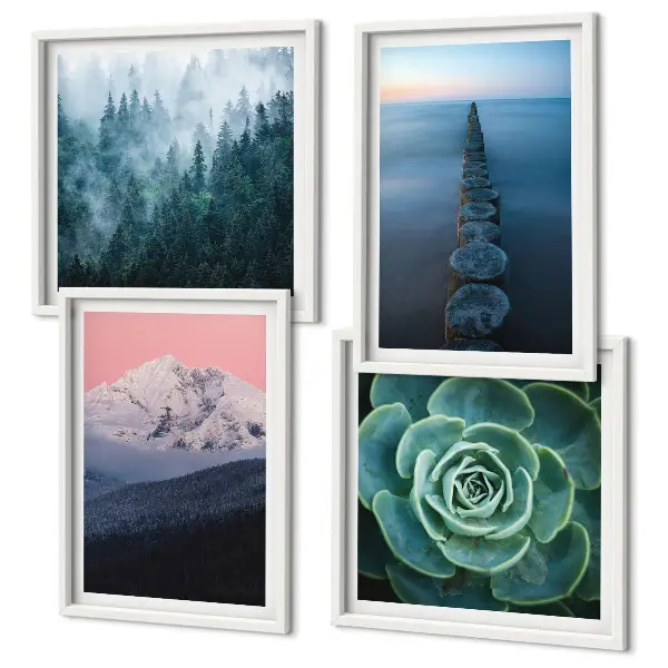 Polyptyque de 4 cadres montagnes sous un ciel rose avec de l'eau succulente