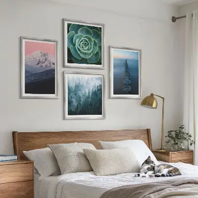 Polyptyque de 4 cadres montagnes sous un ciel rose avec de l'eau succulente