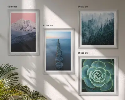 Polyptyque de 4 cadres montagnes sous un ciel rose avec de l'eau succulente