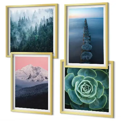 Polyptyque de 4 cadres montagnes sous un ciel rose avec de l'eau succulente