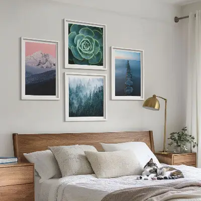 Polyptyque de 4 cadres montagnes sous un ciel rose avec de l'eau succulente
