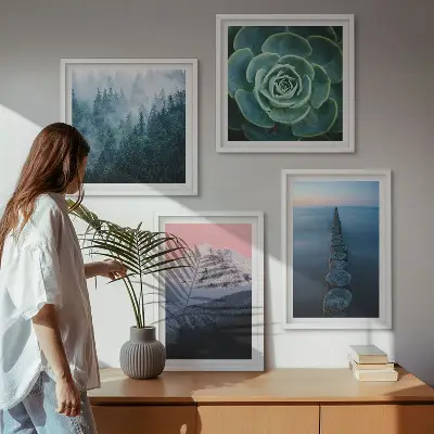 Polyptyque de 4 cadres montagnes sous un ciel rose avec de l'eau succulente