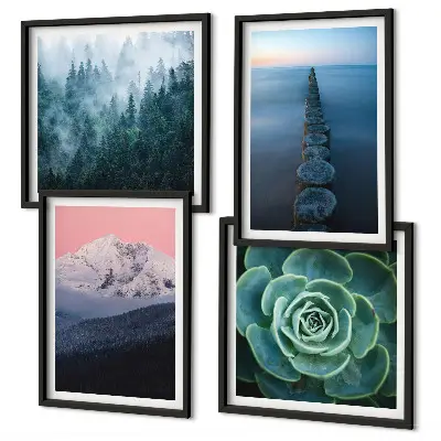 Polyptyque de 4 cadres montagnes sous un ciel rose avec de l'eau succulente