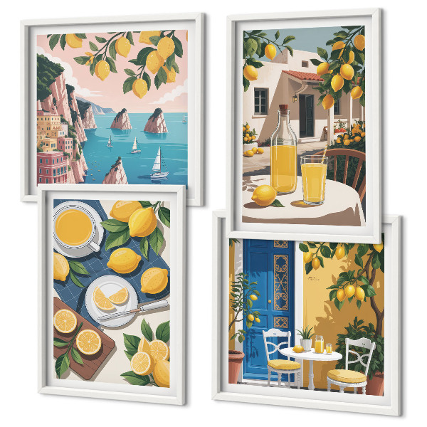 Ensemble de 4 tableaux Limonade au soleil sur la terrasse
