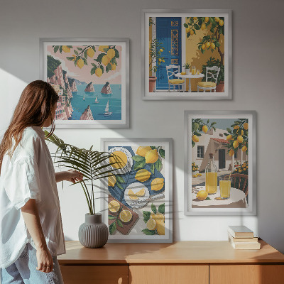 Ensemble de 4 tableaux Limonade au soleil sur la terrasse