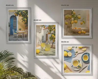 Mur de tableaux citrons et limonade sur porte bleue