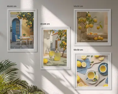 Mur de tableaux citrons et limonade sur porte bleue