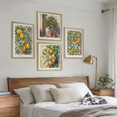 Tableau polyptyque en 2 cadres agrumes aux motifs abstraits et colorés