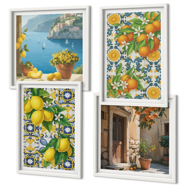 Ensemble de 4 tableaux Citrons, fleurs, oranges, italie