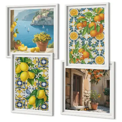 Ensemble de 4 tableaux représentant des citrons, des fleurs et des oranges sur le thème de l'Italie
