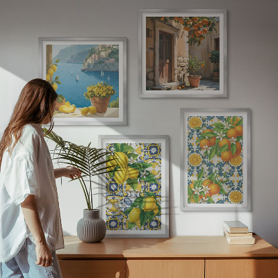 Ensemble de 4 tableaux Citrons, fleurs, oranges, italie