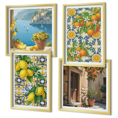 Ensemble de 4 tableaux Citrons, fleurs, oranges, italie