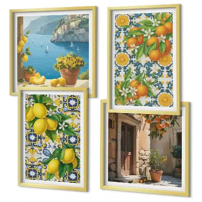 Ensemble de 4 tableaux représentant des citrons, des fleurs et des oranges sur le thème de l'Italie