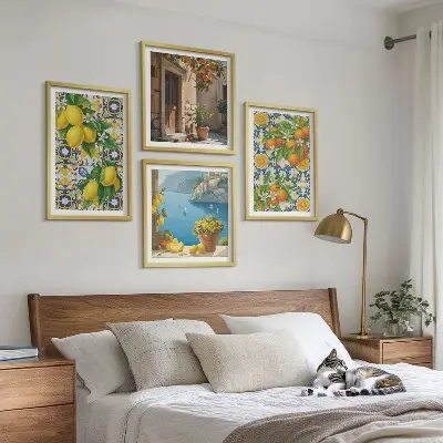 Ensemble de 4 tableaux représentant des citrons, des fleurs et des oranges sur le thème de l'Italie