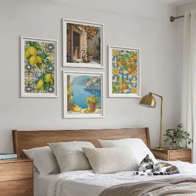 Ensemble de 4 tableaux représentant des citrons, des fleurs et des oranges sur le thème de l'Italie