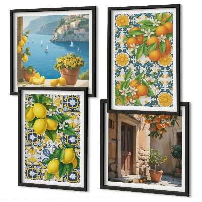 Ensemble de 4 tableaux Citrons, fleurs, oranges, italie