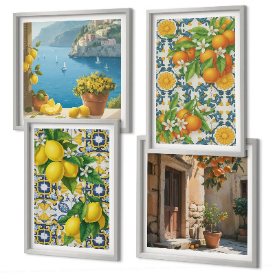 Ensemble de 4 tableaux Citrons, fleurs, oranges, italie