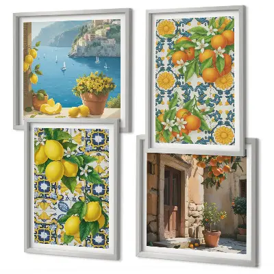 Ensemble de 4 tableaux représentant des citrons, des fleurs et des oranges sur le thème de l'Italie