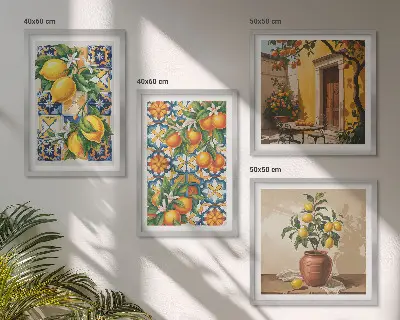 Mur de tableaux motifs de fleurs citron et orange