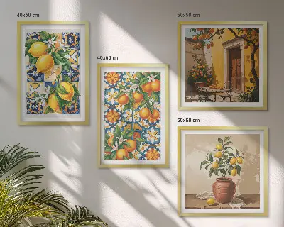 Mur de tableaux motifs de fleurs citron et orange