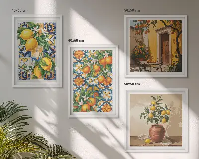 Mur de tableaux motifs de fleurs citron et orange