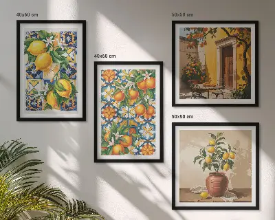 Mur de tableaux motifs de fleurs citron et orange