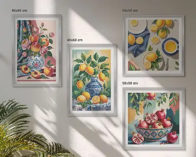 Fleurs et fruits dans des vases polyptyque 3 cadres