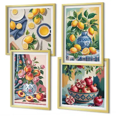 Fleurs et fruits dans des vases polyptyque 3 cadres