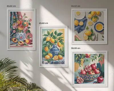 Fleurs et fruits dans des vases polyptyque 3 cadres