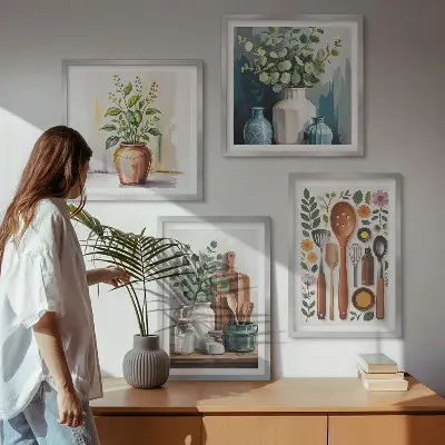 Ensemble de 4 tableaux motifs d'accessoires de cuisine à base de plantes